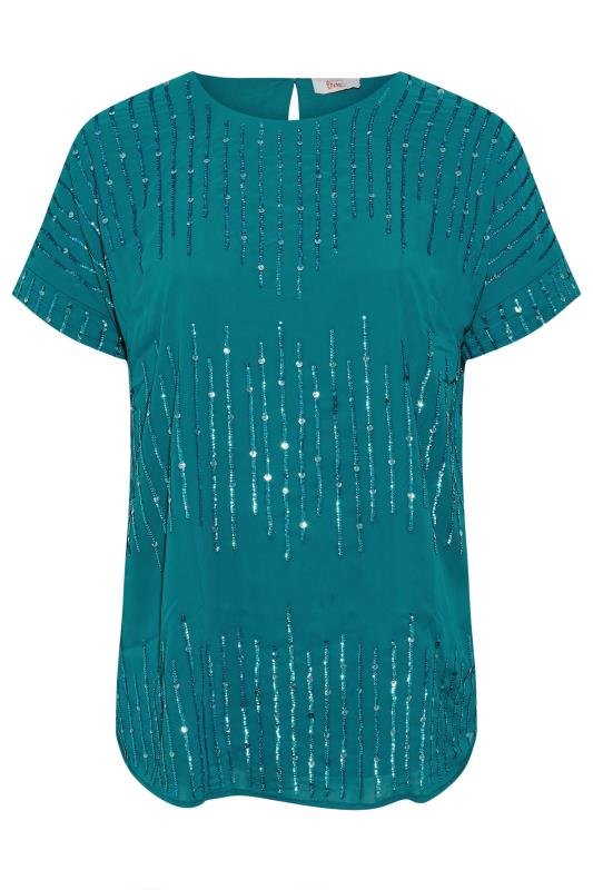Plus Size LUXE Teal Blue Sequin Hand Embellished Top | Yours Clothing 7