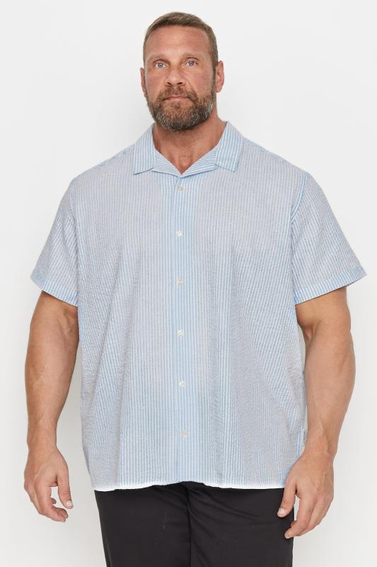 JACK & JONES Big & Tall Light Blue Stripe Revere Collar Seersucker Shirt | BadRhino 1