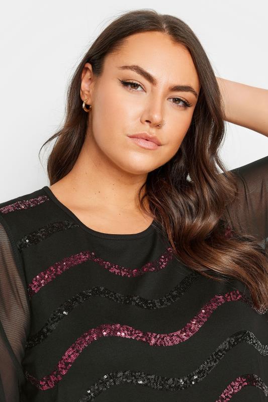 YOURS Plus Size Black Sequin Embellished Mesh Sleeve Top | Yours Clothing 4