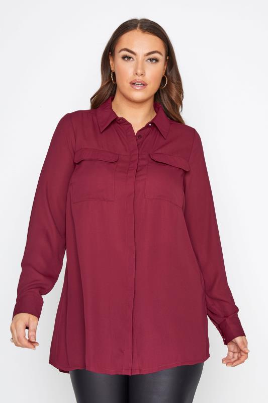 YOURS LONDON Curve Wine Red Dipped Hem Shirt_A.jpg