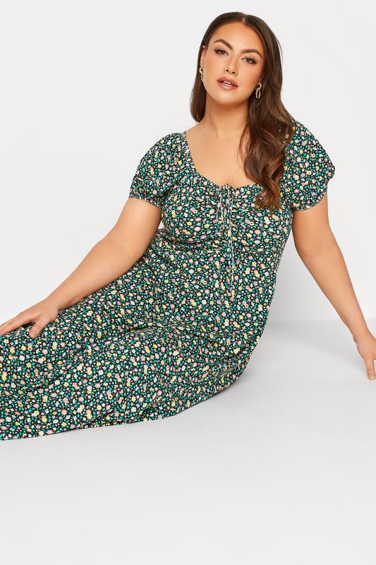 Curve Black & Green Floral Ruched Midaxi Dress 3