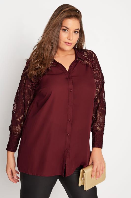 YOURS LONDON Plus Size Red Lace Sleeve Shirt | Yours Clothing 1