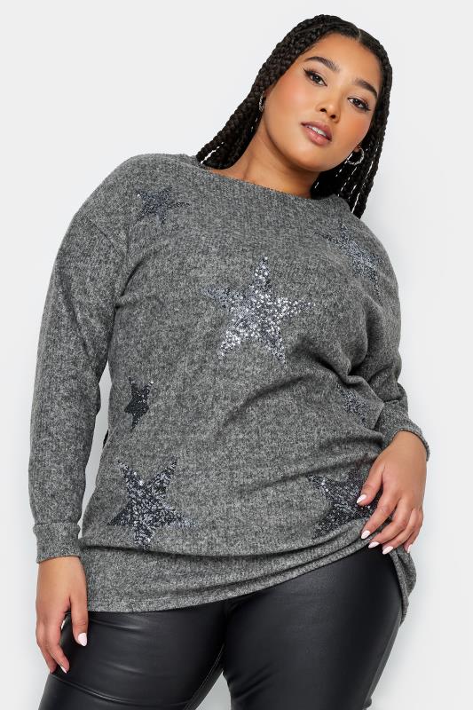YOURS Plus Size Grey Sequin Star Soft Touch Top | Yours Clothing 1