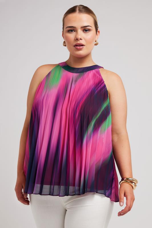 YOURS LONDON Plus Size Pink Abstract Print Halter Neck Top | Yours Clothing 1