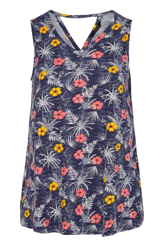 YOURS Curve Plus Size Navy Blue Tropical Floral Print Cut Out Back Vest Top | Yours Clothing  5