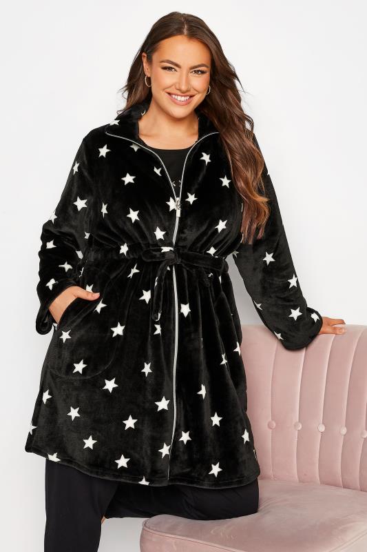 Curve Black Star Print Zip Through Dressing Gown 1