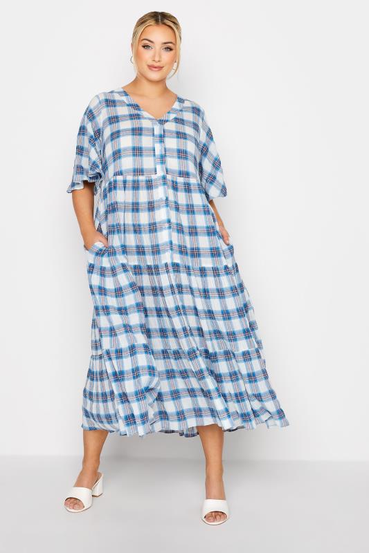 Plus Size  LIMITED COLLECTION Curve Blue Check Tiered Smock Dress