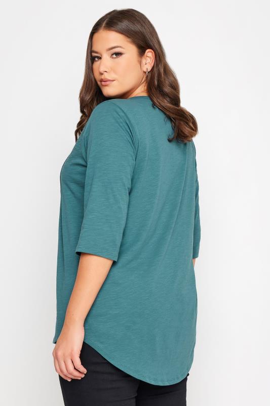 YOURS Plus Size Teal Blue Pintuck Henley T-Shirt | Yours Clothing 3