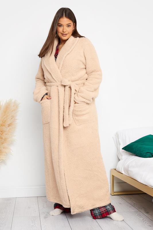  Grande Taille LTS Tall Beige Brown Borg Fleece Maxi Dressing Gown