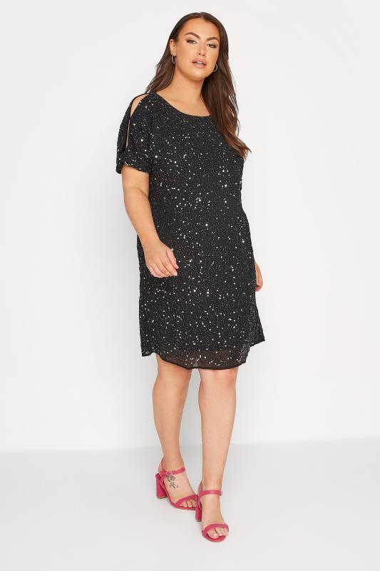 Plus Size LUXE Curve Black Sequin Hand Embellished Cold Shoulder Cape Dress | Yours Clothing 2