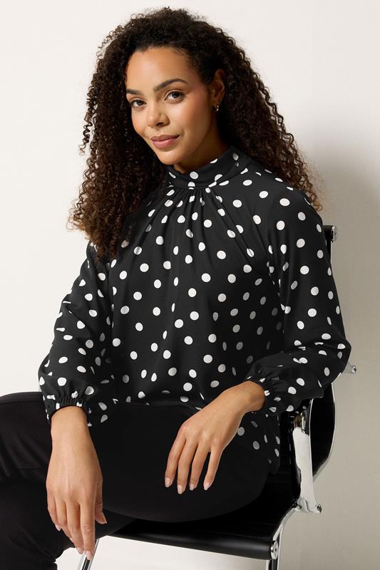  M&Co Black Polka Dot Tie Back Blouse
