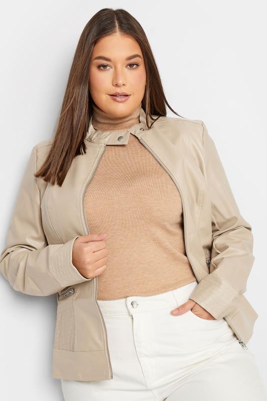 LTS Stone Brown Womens Faux Leather Funnel Neck Jacket 1