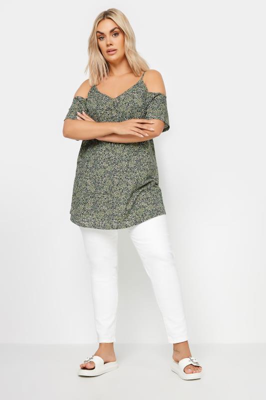 YOURS Plus Size Khaki Green Animal Print Cold Shoulder Top | Yours Clothing 2