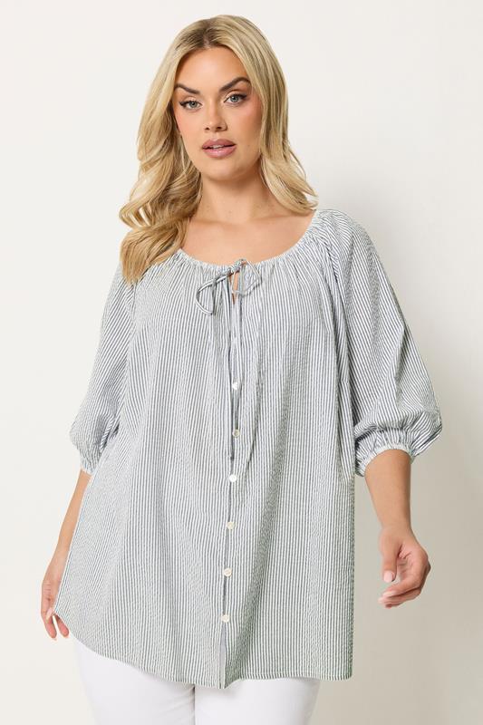  YOURS top azul marino a rayas con detalle de lazo