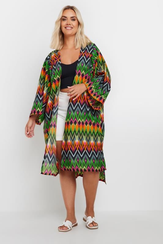 YOURS Plus Size Green Zig Zag Print Beach Kimono | Yours Clothing  3