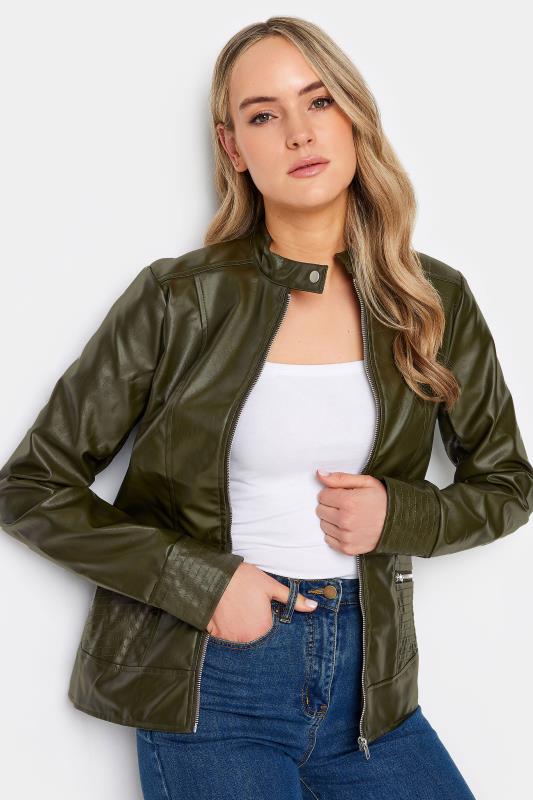  Grande Taille LTS Tall Khaki Green Faux Leather Funnel Neck Jacket