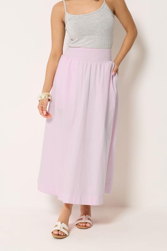 PixieGirl Petite Women's Baby Pink Poplin Shirred Cotton Maxi Skirt | PixieGirl 1