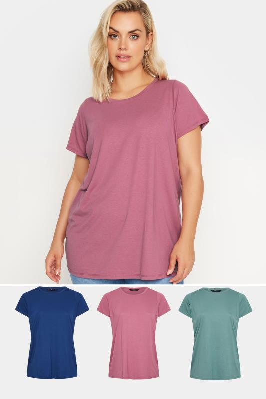 YOURS 3 PACK Plus Size Pink & Blue Short Sleeve T-Shirts | Yours Clothing 1