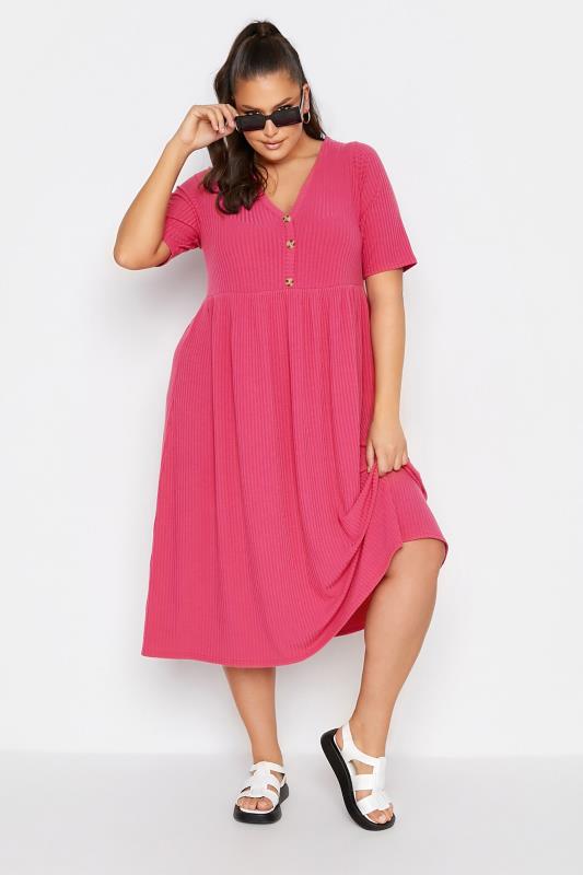  Tallas Grandes LIMITED COLLECTION Curve Hot Pink Ribbed Peplum Midi Dress