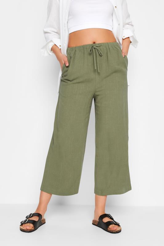 LTS Tall Women's Khaki Green Wide Leg Cropped Linen Trousers | Long Tall Sally  1