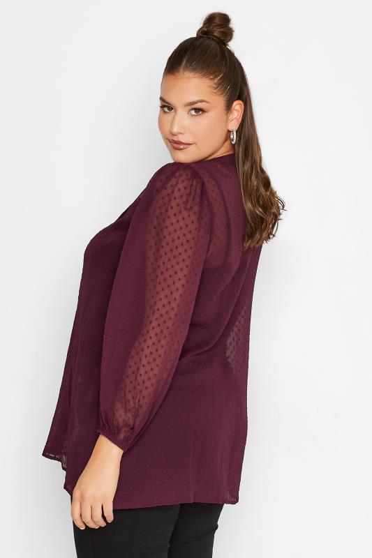 YOURS LONDON Plus Size Burgundy Red Balloon Sleeve Dobby Blouse | Yours Clothing 3