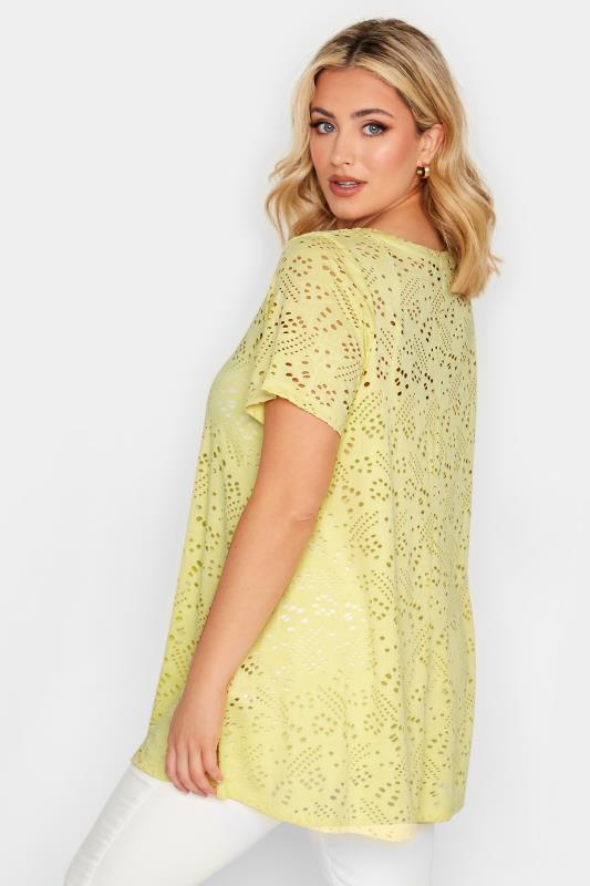 YOURS Curve Plus Size Yellow Broderie Anglaise Swing V-Neck T-Shirt | Yours Clothing  3