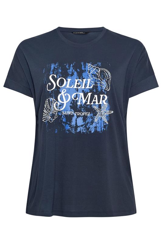 EVANS Plus Size Navy Blue 'Soleil & Mar' Slogan Print T-Shirt | Evans 6