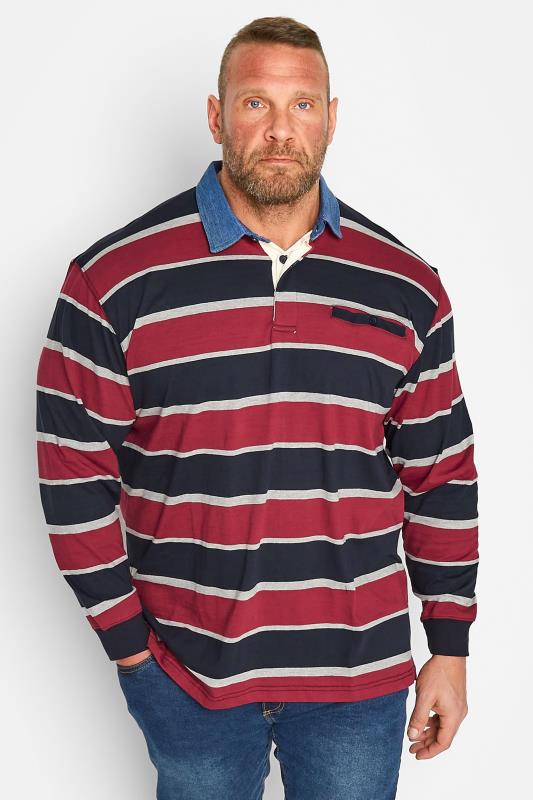 Men's  KAM Big & Tall Red & Navy Blue Stripe Long Sleeve Rugby Polo Shirt