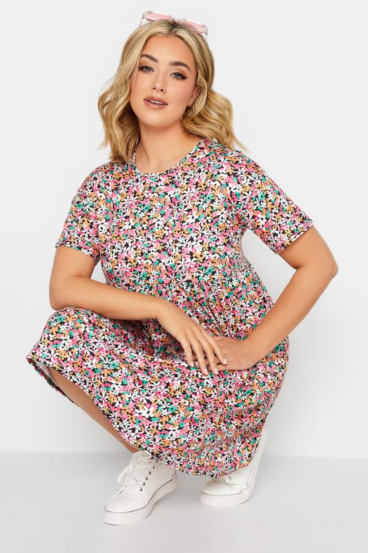 YOURS PETITE Plus Size Pink Ditsy Floral Print Smock Dress | Yours Clothing 4
