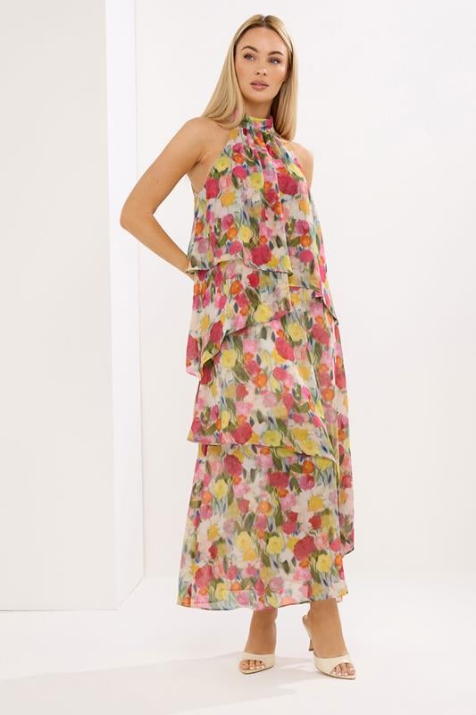  STAR Gestuftes Neckholderkleid in Rosa mit Blumenmuster