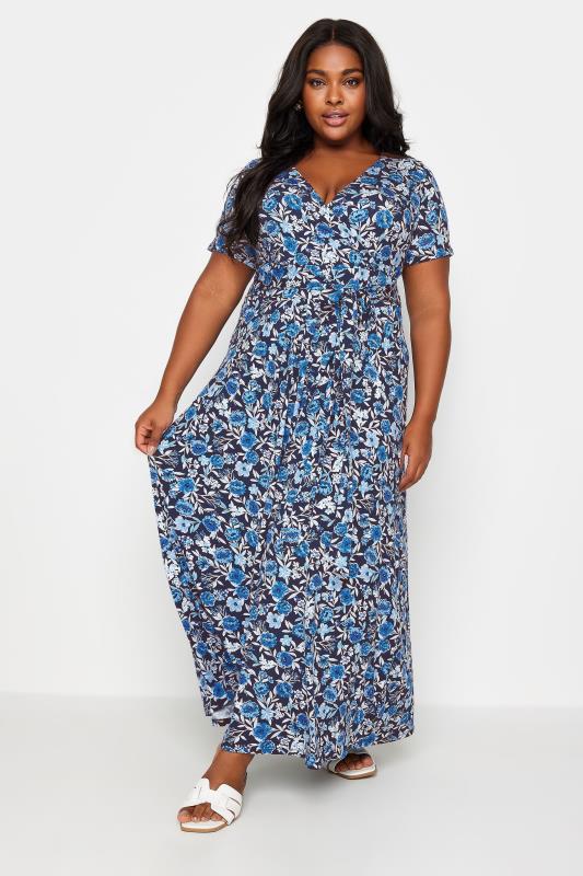 YOURS Plus Size Navy Blue Floral Print Wrap Maxi Dress | Yours Clothing 2
