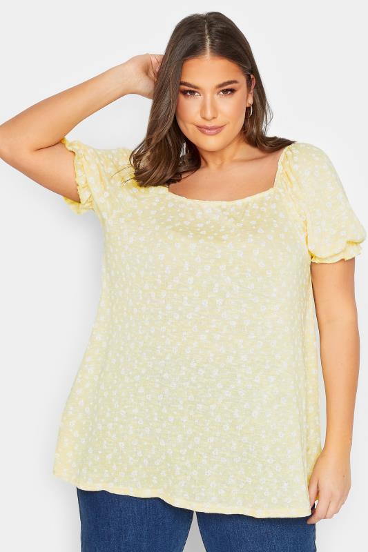 YOURS Plus Size Yellow Marl Ditsy Floral Top | Yours Clothing 2