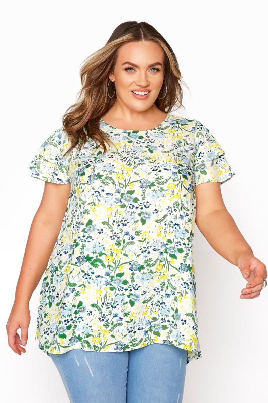 Plus Size White & Green Floral Print Dipped Hem Blouse | Yours Clothing 1