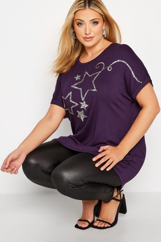 Plus-Size Purple & Silver Sequin Star T-Shirt | Yours Clothing 4