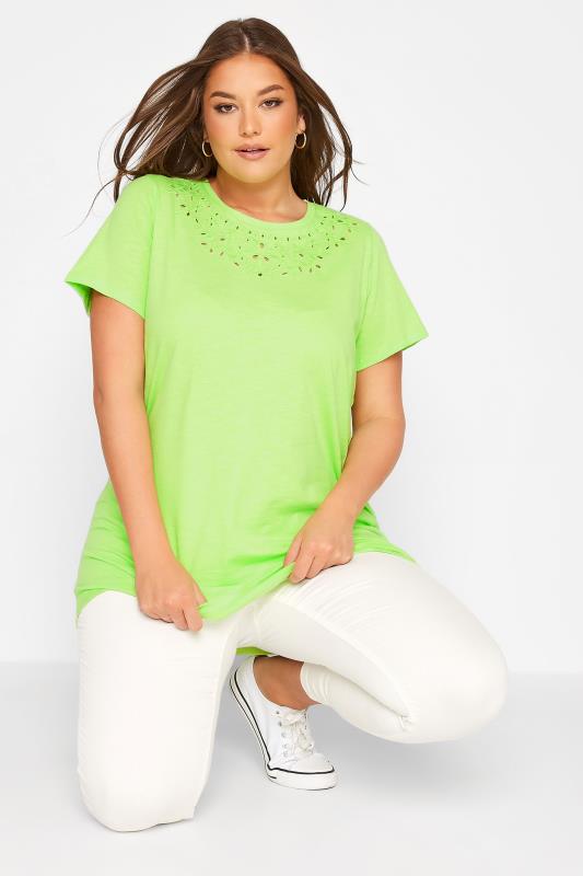 Plus Size  YOURS Curve Lime Green Broderie Anglaise Neckline T-Shirt