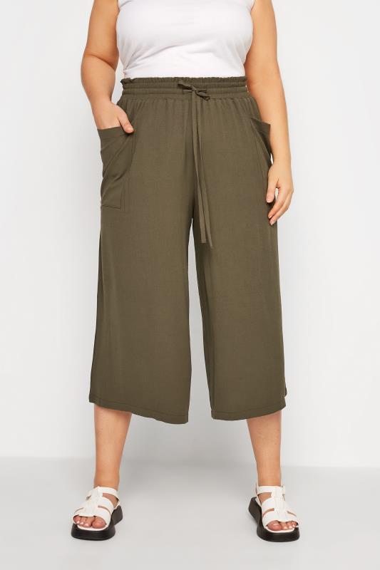 Plus Size Khaki Green Crinkle Culottes | Yours Clothing 1