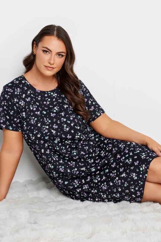 YOURS Curve Plus Size Navy Blue Ditsy Floral Print Nightdress | Yours Clothing  2