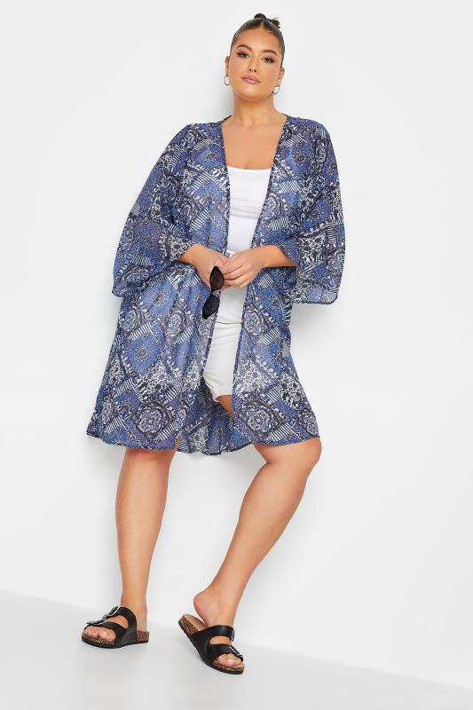 YOURS Curve Blue Tile Print Chiffon Kimono | Yours Clothing 2