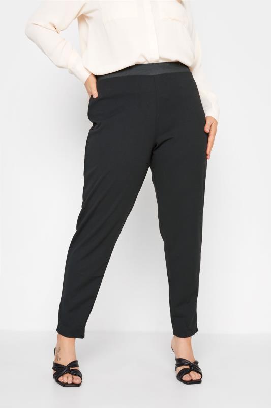 Plus Size Tapered & Slim Fit Trousers YOURS LONDON Curve Black Jersey Stretch Tapered Trouser - Petite