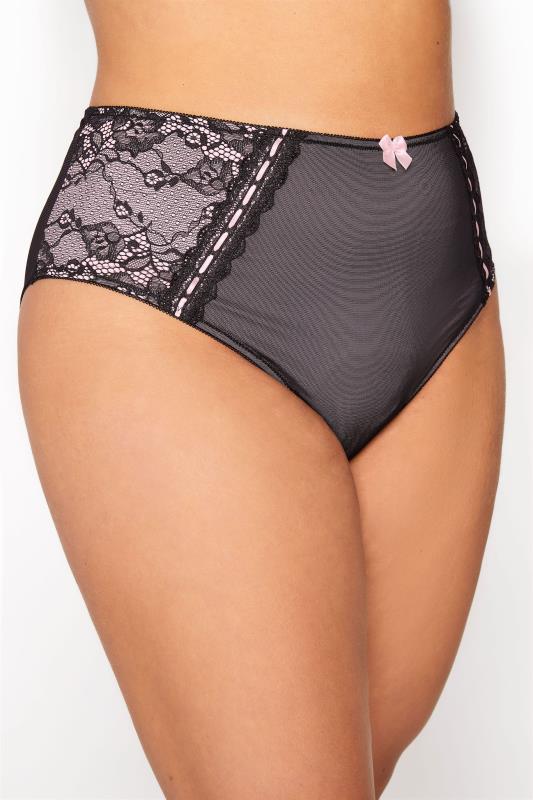 Curve Black Ribbon Lace Insert High Waisted Full Briefs 2