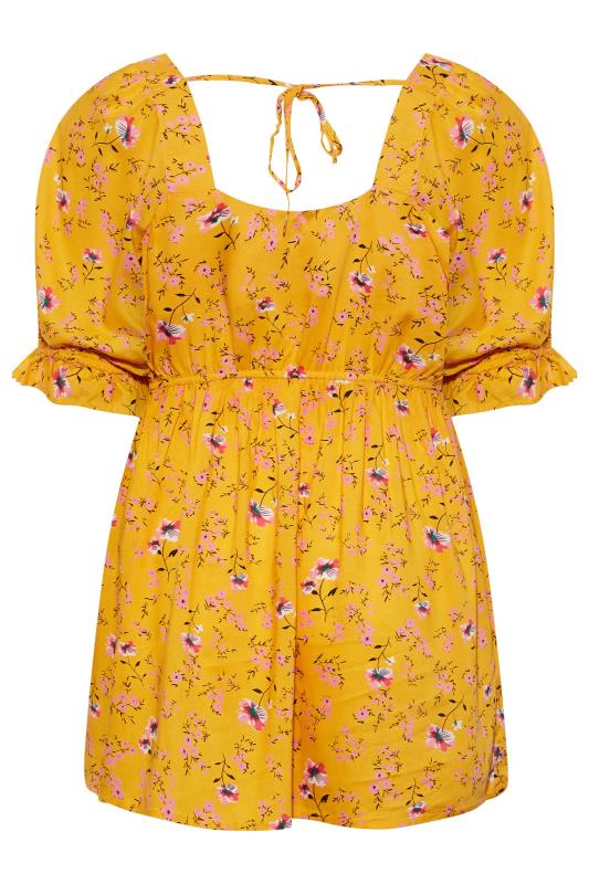 Curve Mustard Yellow Floral Print Sweetheart Puff Sleeve Top 7