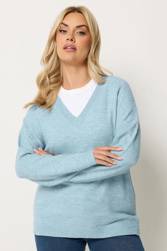  YOURS Pull à col en V bleu au toucher doux