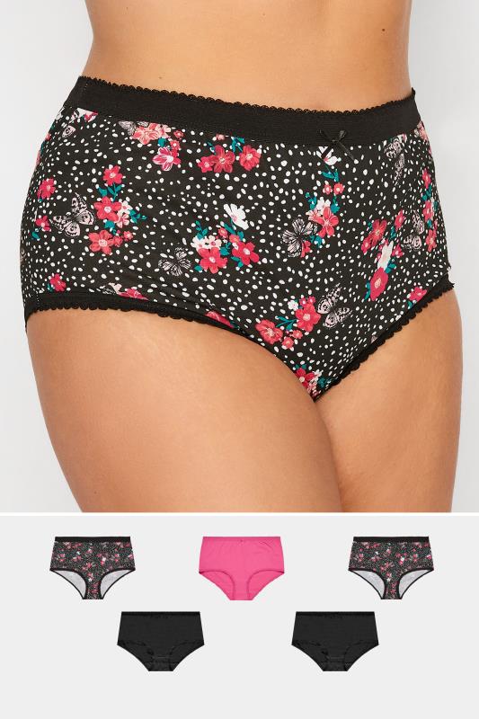 Plus Size 5 PACK Pink & Black Butterfly Floral Print High Waisted Full Briefs | Yours Clothing  1