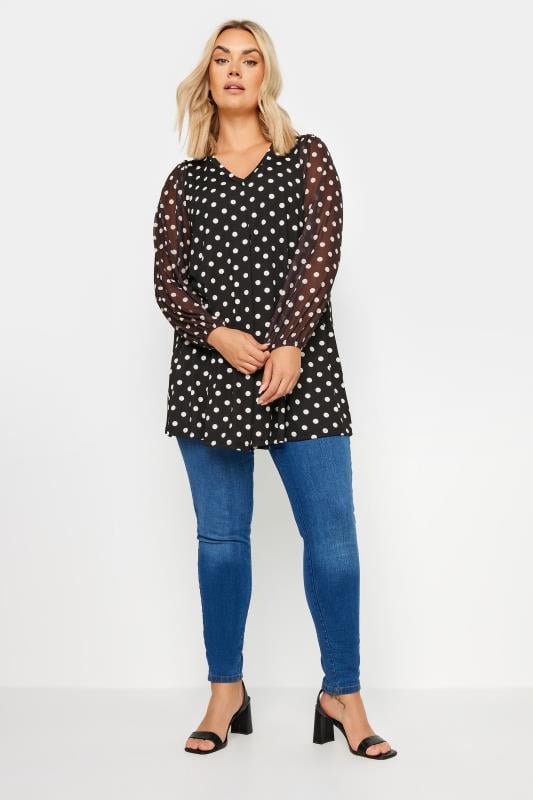 Plus Size Curve Black Dot Print Mesh Swing Top | Yours Clothing 2