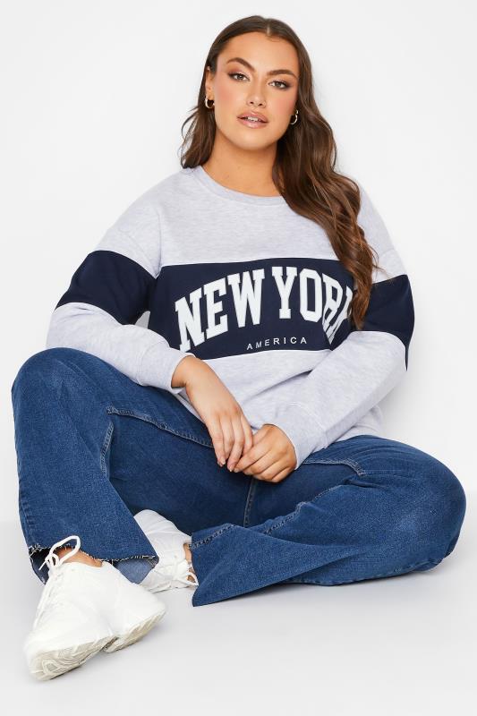 Plus Size Grey Colour Block 'New York' Slogan Varsity Sweatshirt | Yours Clothing 2