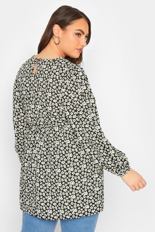 Curve Plus Size Black & White Floral Balloon Sleeve Shirred Waist Peplum Top | Yours Clothing  3