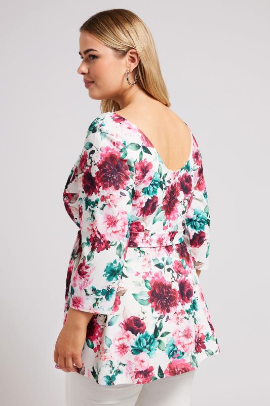 YOURS LONDON Plus Size Pink & Blue Floral Print Peplum Top | Yours Clothing 3