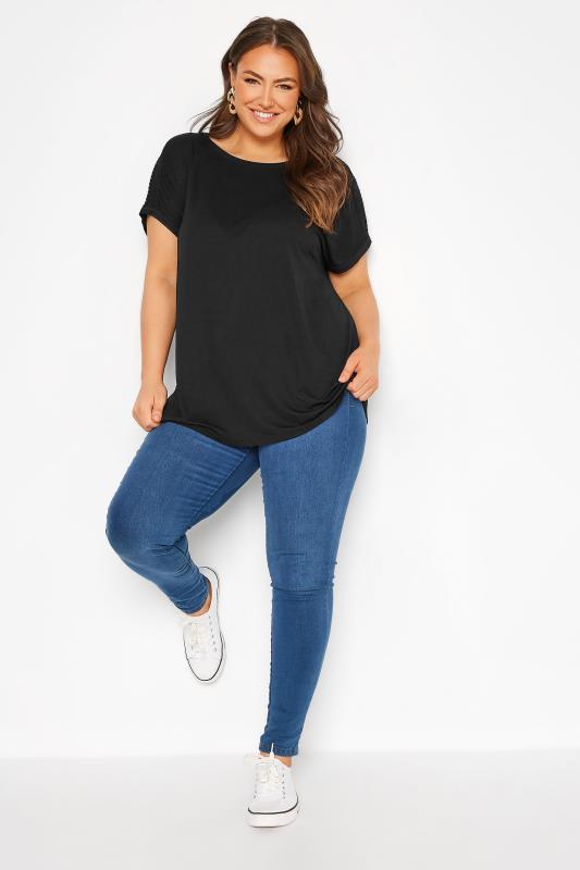 Plus Size Black Crochet Shoulder T-Shirt | Yours Clothing 2