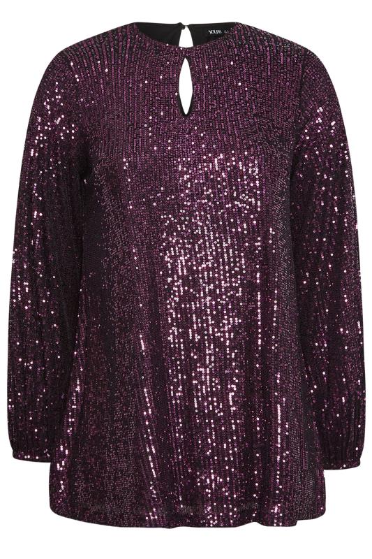 YOURS LONDON Plus Size Purple Sequin Keyhole Long Sleeve Top | Yours Clothing 5