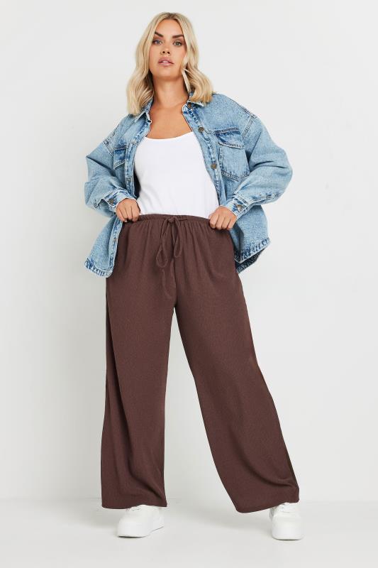 YOURS Plus Size Brown Textured Wide Leg Trousers | Yours Clothing 2